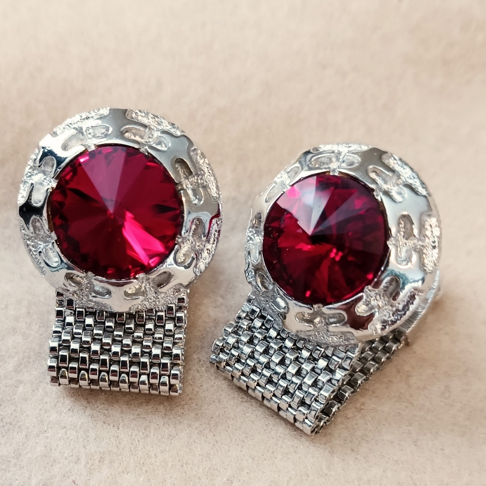 Silver Tone Cufflinks with Ruby Glass Cabochon